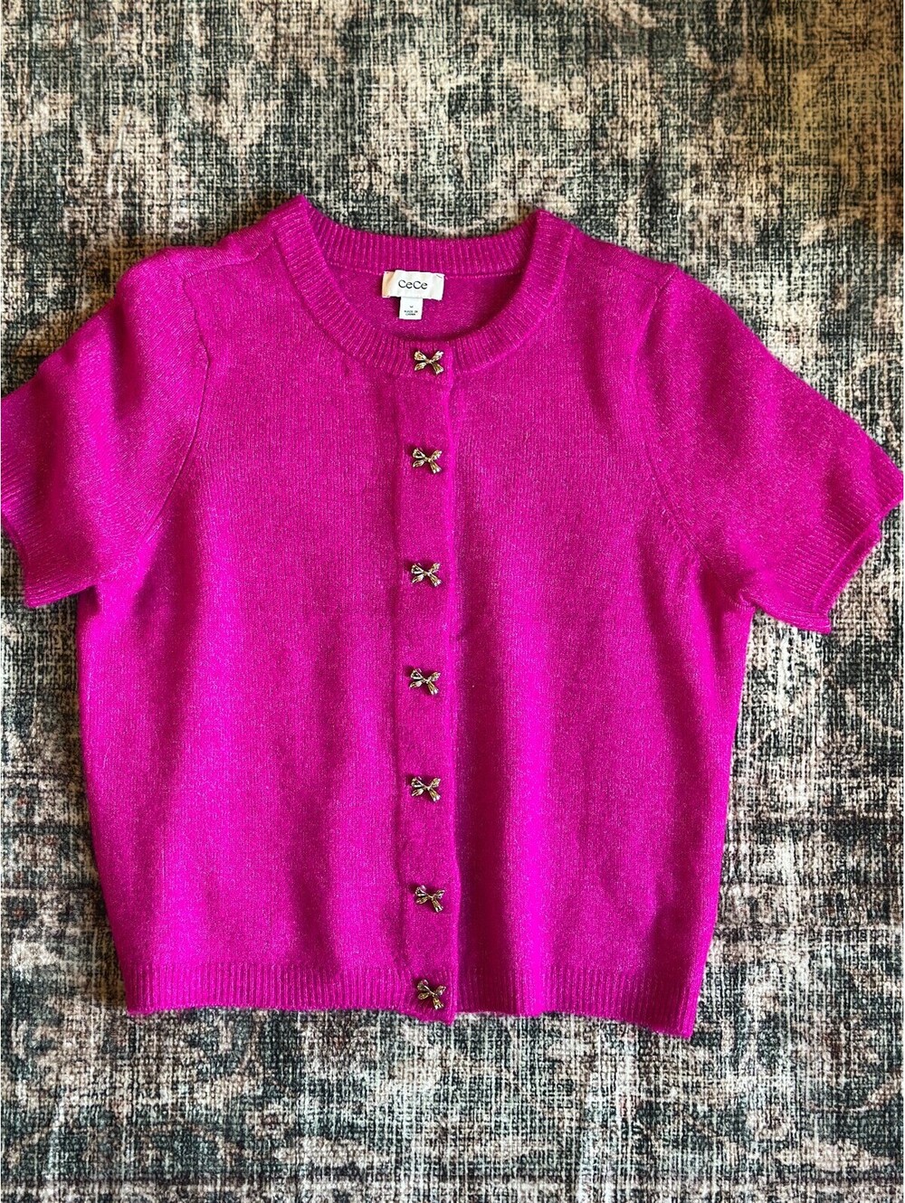 Hot Pink CECE Bow Button Top